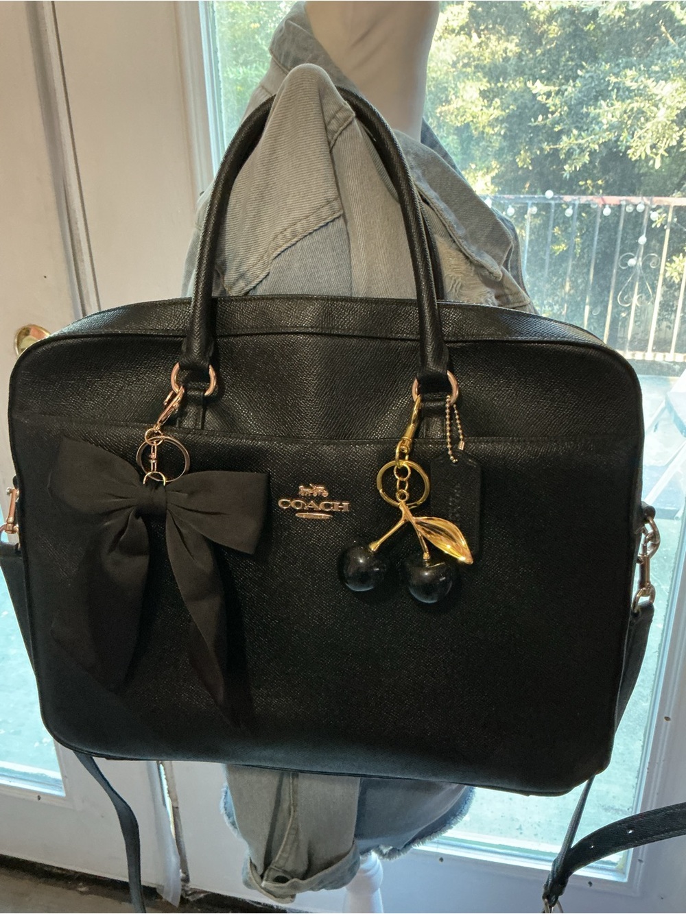 Coach Black Pebbled Leather Satchel with Bow & Cherry Charm